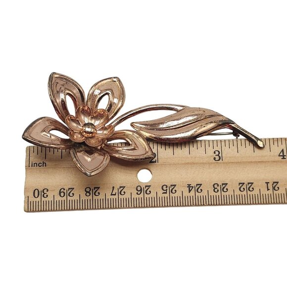 Sterling Silver Vermeil Large Flower Leaf Brooch Pin Rose Gold Tone Vintage - Picture 5 of 6